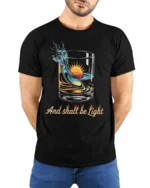 Radiant Spirit Divine Splashing Liquid Graphic Tshirt - model wearing black tee with hands behind back