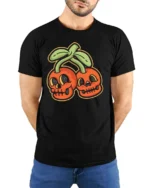 Eccentric Groovy Skull Cherry Halloween Novelty Graphic Tee - model wearing black tee with hands behind back