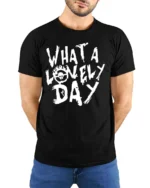 Dystopian Wasteland Flaming Skull Symbol Graphic Tee - model wearing black tee with hands behind back