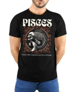 Striking Pisces Skeletal Fish Retro Typography Graphic Tee - model wearing black tee with hands behind back