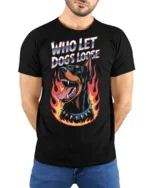 Fierce Who Let Dogs Loose Doberman Flame Graphic Tee - model wearing black tee with hands behind back