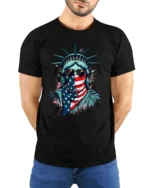 Radical Statue Of Liberty American Flag Bandana Tshirt - model wearing black tee with hands behind back
