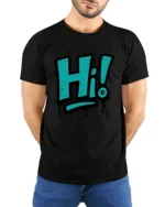 Vibrant Teal Spray Paint Hi Typography Slogan Graphic Tee - model wearing black tee with hands behind back