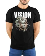 Profound Classical Thinker Vision Globe Graphic Tshirt - model wearing black tee with hands behind back