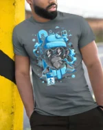 Chilly Snowboarding Ape Winter Resort Sports Graphic Tee - model wearing grey tee, leaning on column