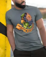 Luxurious Checkered Wallet Stacking Cash Graphic Tshirt - model wearing grey tee, leaning on column