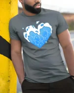 Gentle Marine Water Current Heart Shape Soft Tshirt - model wearing grey tee, leaning on column