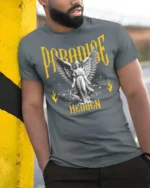 Devine Paradise Heaven Angelic Winged Sculpture Graphic Tee - model wearing grey tee, leaning on column