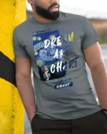 Marvelous Vincent Van Gogh Starry Night Painter Graphic Tee - model wearing grey tee, leaning on column