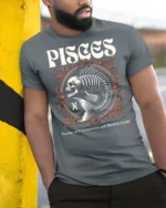 Striking Pisces Skeletal Fish Retro Typography Graphic Tee - model wearing grey tee, leaning on column