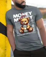Adorable Teddy Bear Priceless Love Limitless Wealth Tee - model wearing grey tee, leaning on column