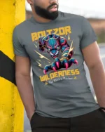 Energetic Lightning Boltzer Electric Panther Graphic Tee - model wearing grey tee, leaning on column