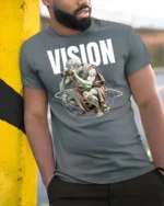 Profound Classical Thinker Vision Globe Graphic Tshirt - model wearing grey tee, leaning on column