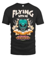Thrilling Flying With Me Teal Alien Spaceship Tshirt - black t-shirt on white background