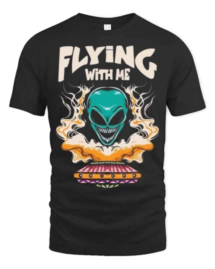 Thrilling Flying With Me Teal Alien Spaceship Tshirt - black t-shirt on white background