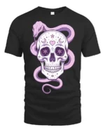 Charming Pastel Sugar Skull Floral Serpent Graphic Tee - black t-shirt on white background