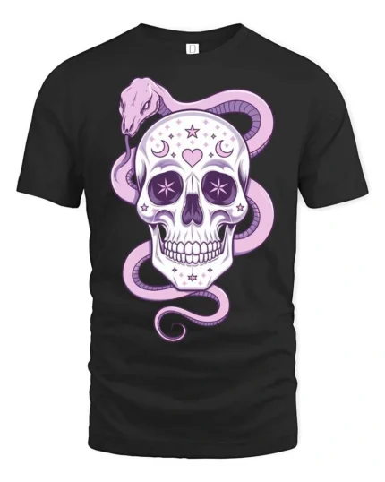 Charming Pastel Sugar Skull Floral Serpent Graphic Tee - black t-shirt on white background
