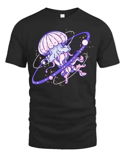 Cosmic Celestial Jellyfish Planet Ring Nebula Graphic Tee - black t-shirt on white background