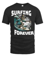 Adventurous Surfing Forever Skeleton Wave Rider Graphic Tee - black t-shirt on white background