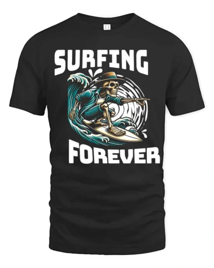 Adventurous Surfing Forever Skeleton Wave Rider Graphic Tee - black t-shirt on white background