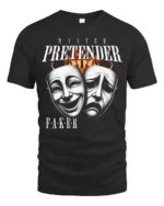 Emotional Master Pretender Tragedy Comedy Mask Graphic Tee - black t-shirt on white background