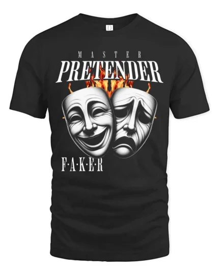 Emotional Master Pretender Tragedy Comedy Mask Graphic Tee - black t-shirt on white background