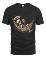 Sarcastic Bone Tired Sleeping Skeleton Hammock Graphic Tee - black t-shirt on white background