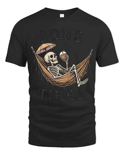 Sarcastic Bone Tired Sleeping Skeleton Hammock Graphic Tee - black t-shirt on white background
