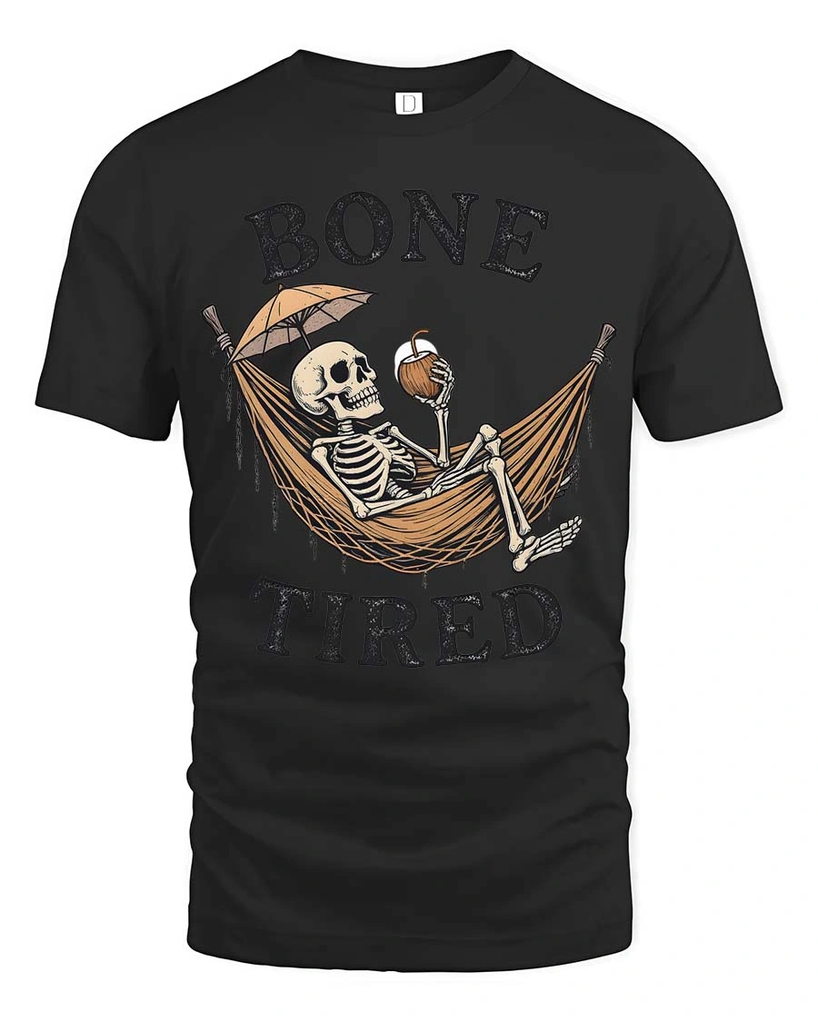 Sarcastic Bone Tired Sleeping Skeleton Hammock Graphic Tee - 1 Sarcastic Bone Tired Sleeping Skeleton Hammock Graphic Tee - black t-shirt on white background