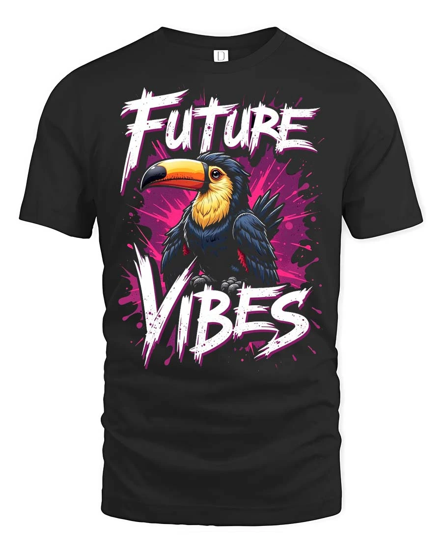 Tropical Future Vibes Toucan Bird Splash Graphic Tee - 1 Tropical Future Vibes Toucan Bird Splash Graphic Tee - black t-shirt on white background