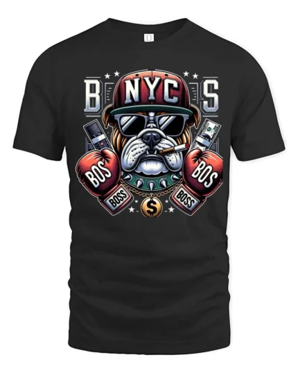 Badass New York City Bulldog Boxing Boss Graphic Tshirt - black t-shirt on white background