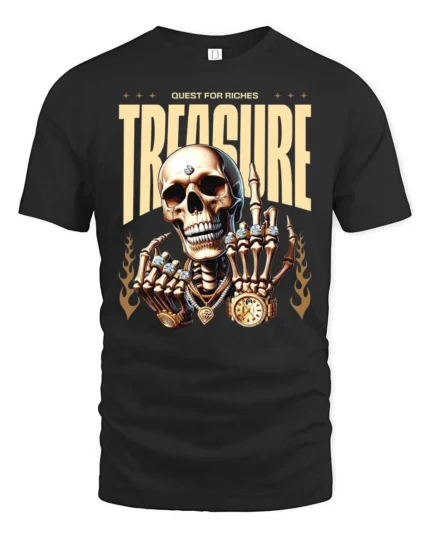 Quest For Riches Golden Skull Luxury Bling Graphic Tee - black t-shirt on white background