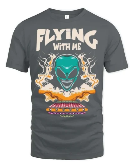 Thrilling Flying With Me Teal Alien Spaceship Tshirt - gray t-shirt on white background