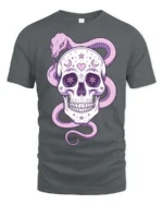 Charming Pastel Sugar Skull Floral Serpent Graphic Tee - gray t-shirt on white background