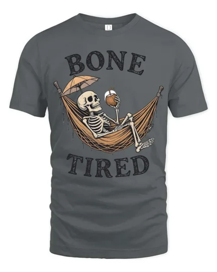 Sarcastic Bone Tired Sleeping Skeleton Hammock Graphic Tee - gray t-shirt on white background