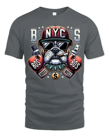 Badass New York City Bulldog Boxing Boss Graphic Tshirt - gray t-shirt on white background
