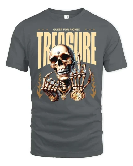 Quest For Riches Golden Skull Luxury Bling Graphic Tee - gray t-shirt on white background