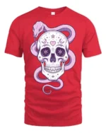 Charming Pastel Sugar Skull Floral Serpent Graphic Tee - red t-shirt on white background