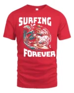 Adventurous Surfing Forever Skeleton Wave Rider Graphic Tee - red t-shirt on white background