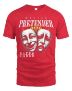 Emotional Master Pretender Tragedy Comedy Mask Graphic Tee - red t-shirt on white background