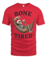 Sarcastic Bone Tired Sleeping Skeleton Hammock Graphic Tee - red t-shirt on white background