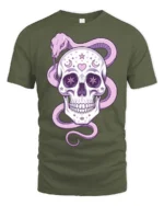 Charming Pastel Sugar Skull Floral Serpent Graphic Tee - military green t-shirt on white background