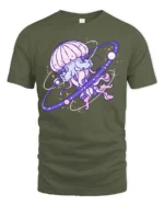 Cosmic Celestial Jellyfish Planet Ring Nebula Graphic Tee - military green t-shirt on white background