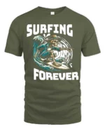 Adventurous Surfing Forever Skeleton Wave Rider Graphic Tee - military green t-shirt on white background