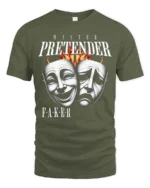 Emotional Master Pretender Tragedy Comedy Mask Graphic Tee - military green t-shirt on white background