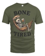 Sarcastic Bone Tired Sleeping Skeleton Hammock Graphic Tee - military green t-shirt on white background