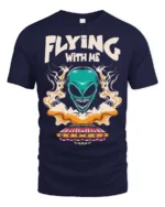 Thrilling Flying With Me Teal Alien Spaceship Tshirt - navy t-shirt on white background