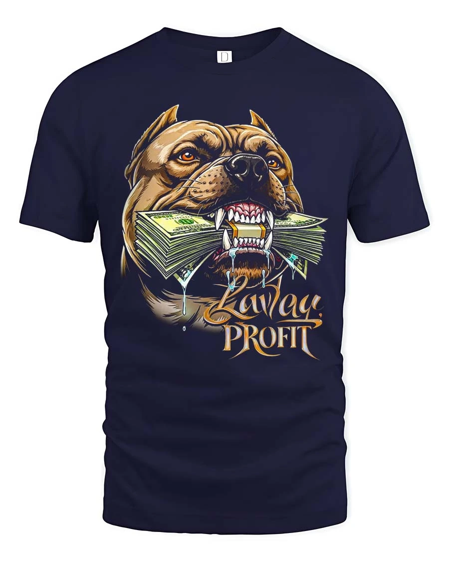 Powerful Lavlay Profit Pitbull Chomp Money Graphic Tee - 1 Powerful Lavlay Profit Pitbull Chomp Money Graphic Tee - navy t-shirt on white background