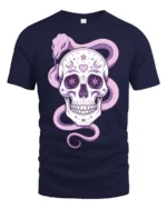 Charming Pastel Sugar Skull Floral Serpent Graphic Tee - navy t-shirt on white background