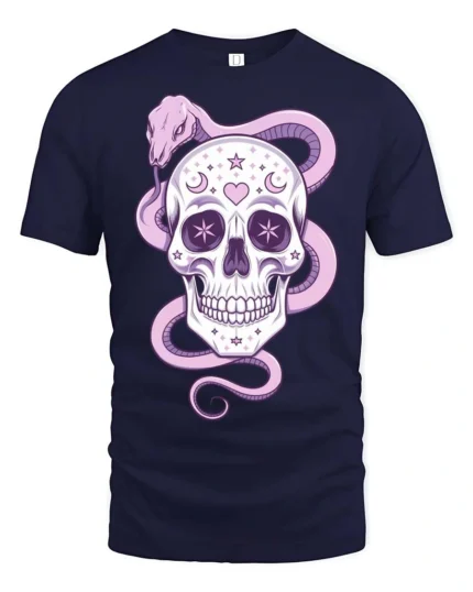 Charming Pastel Sugar Skull Floral Serpent Graphic Tee - navy t-shirt on white background